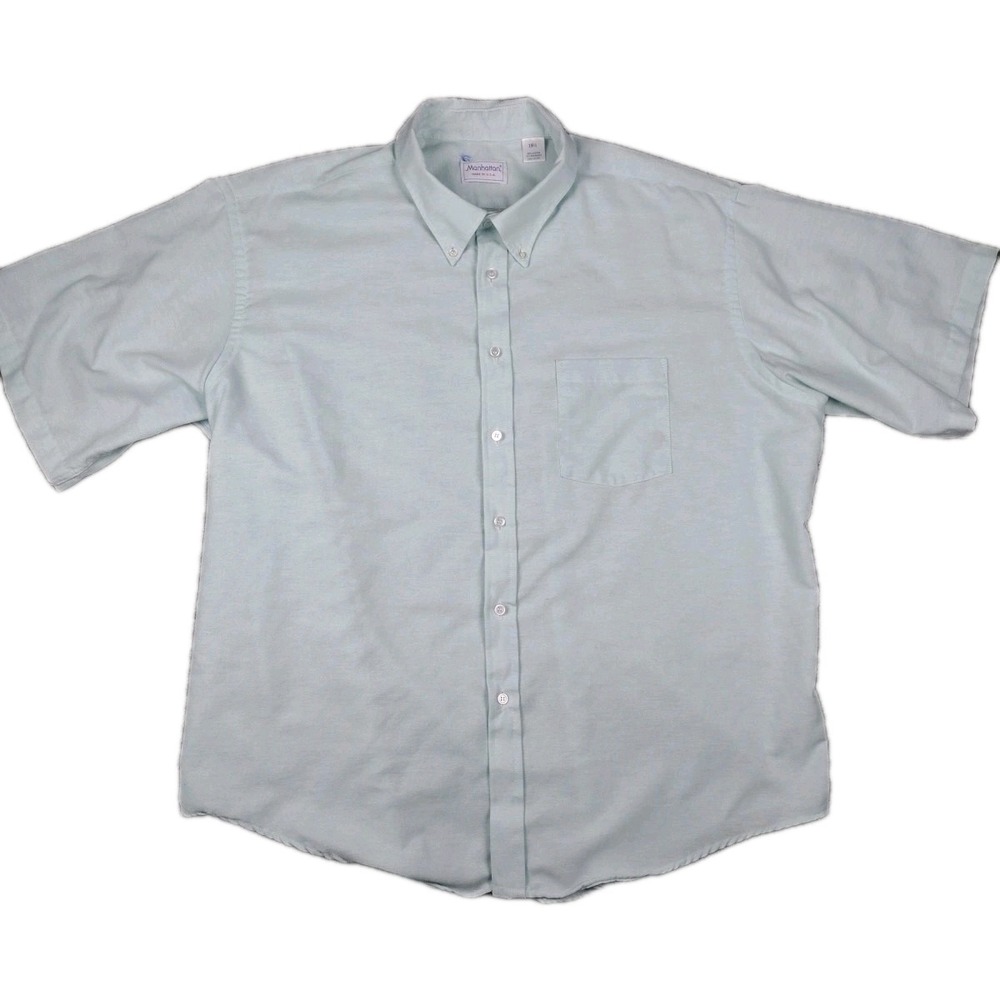Manhattan Green Short Sleeve Vtg Button Up Shirt 18 1/2 USA Made